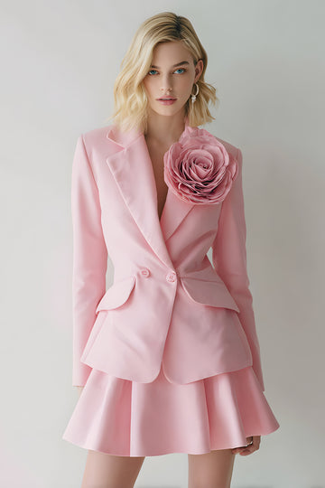 Pink Notched Lapel 2 Piece Skirt Suit With 3D Flower